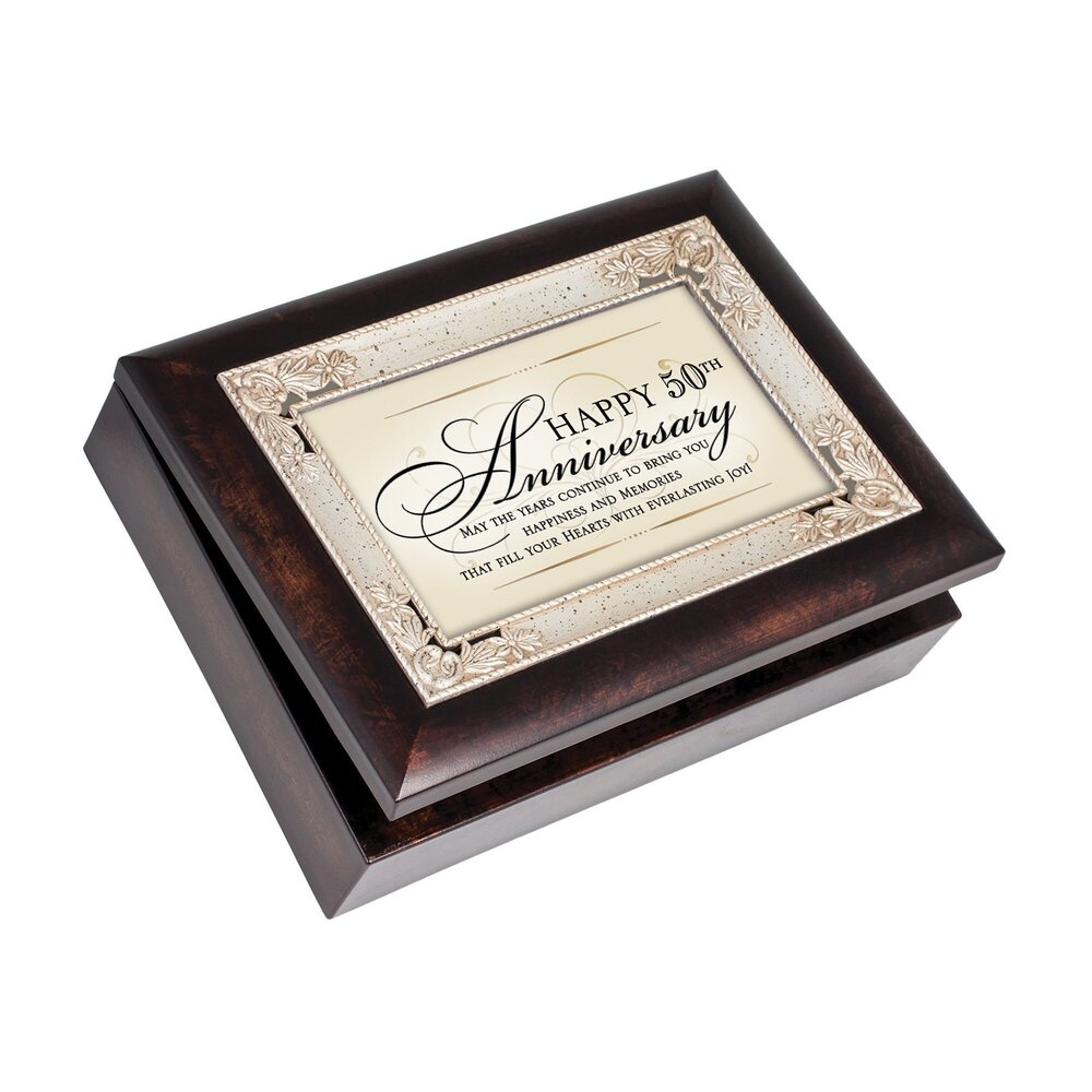 3291 Happy 50th Anniversary Burlwood Jewelry Music Box Plays Wind Beneath